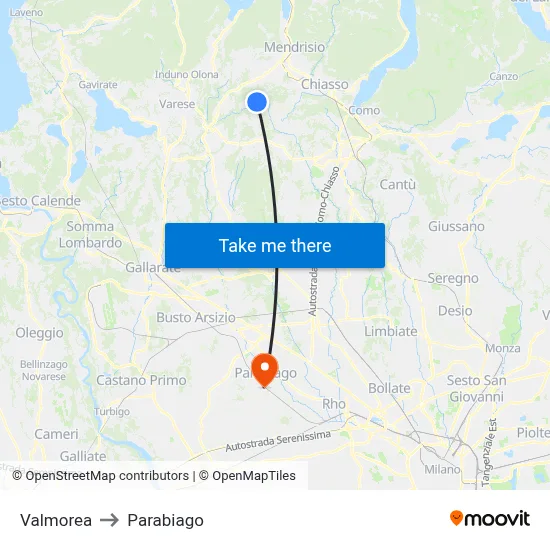 Valmorea to Parabiago map