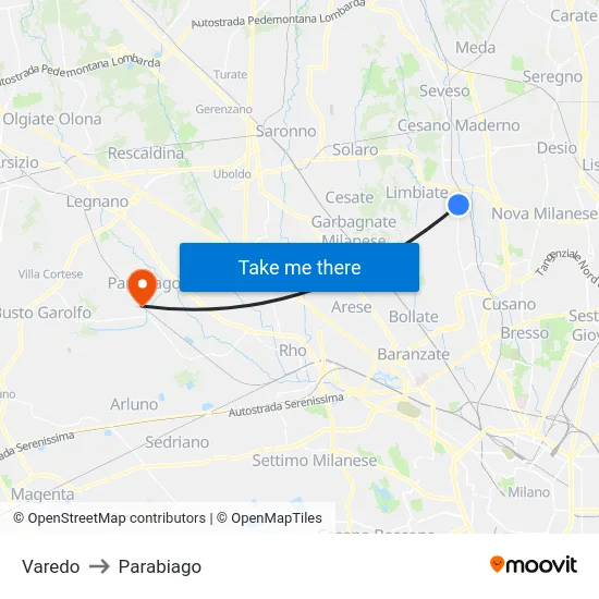 Varedo to Parabiago map