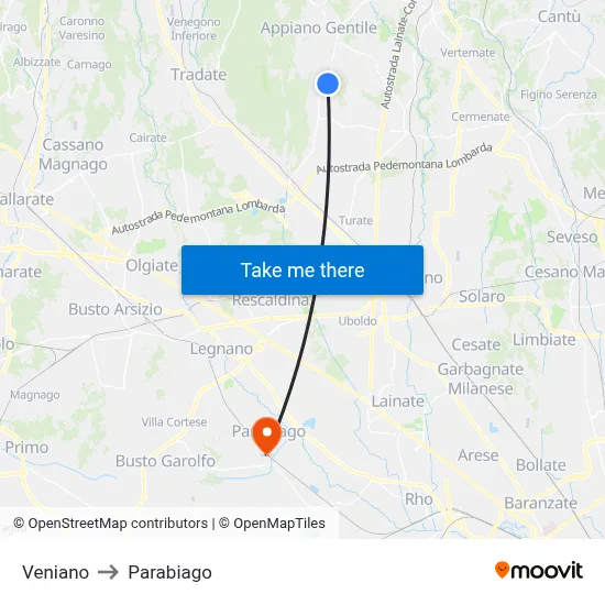 Veniano to Parabiago map