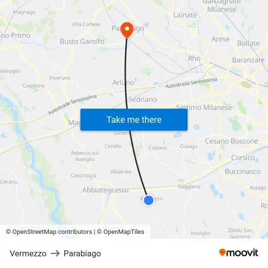 Vermezzo to Parabiago map