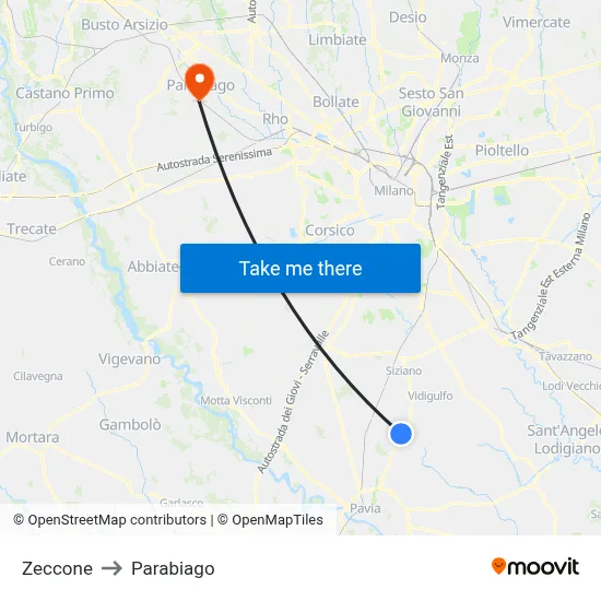 Zeccone to Parabiago map