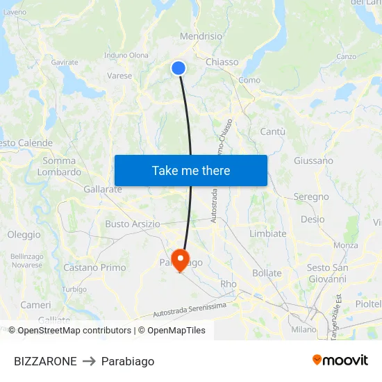 Bizzarone to Parabiago map