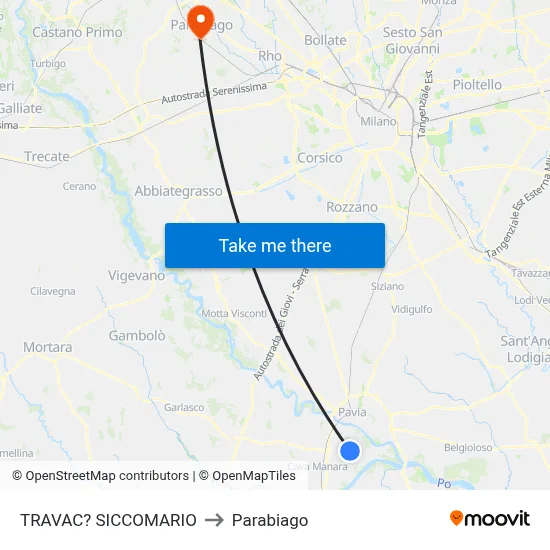 Travacò Siccomario to Parabiago map