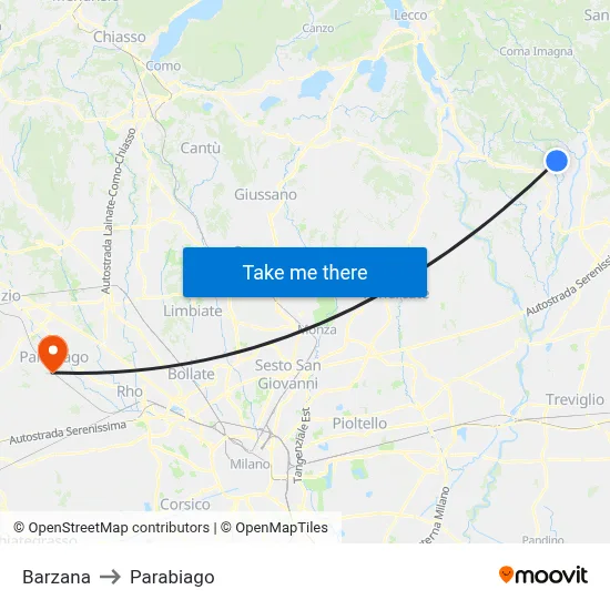 Barzana to Parabiago map