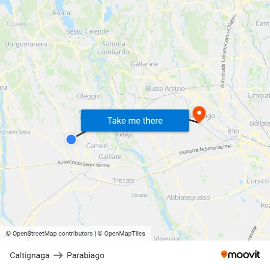 Caltignaga to Parabiago map