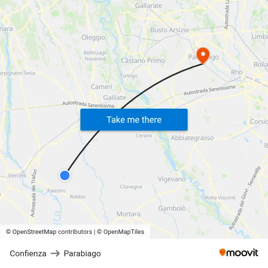 Confienza to Parabiago map