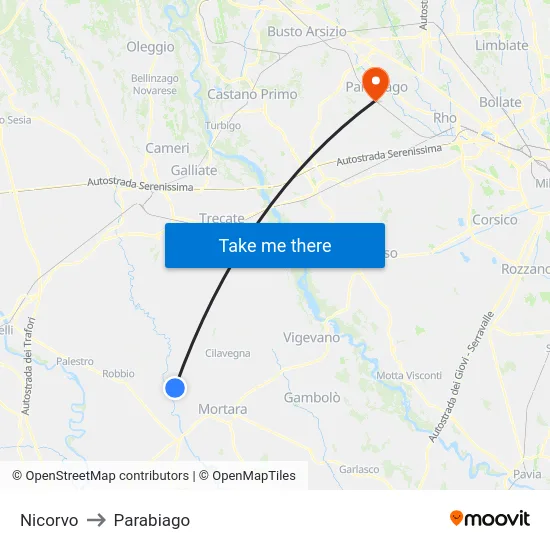 Nicorvo to Parabiago map