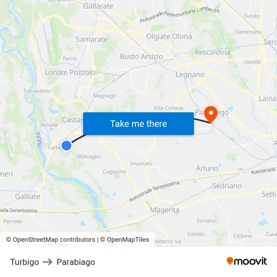 Turbigo to Parabiago map