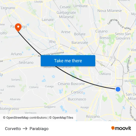 Corvetto to Parabiago map