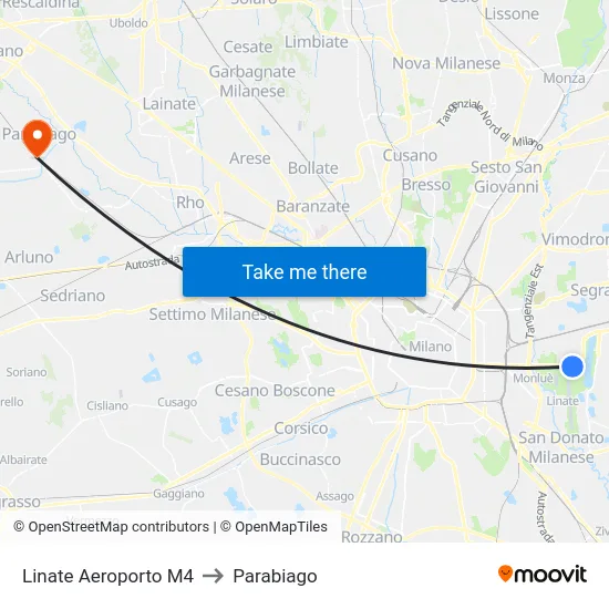 Linate Airport M4 to Parabiago map