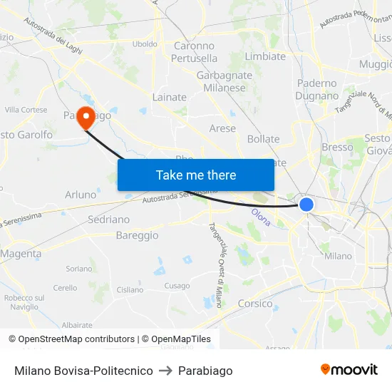 Milan Bovisa-Polytechnic to Parabiago map
