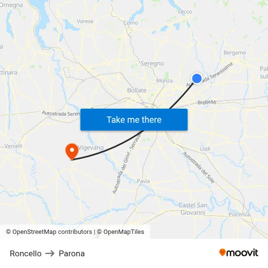 Roncello to Parona map