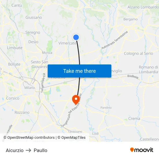 Aicurzio to Paullo map