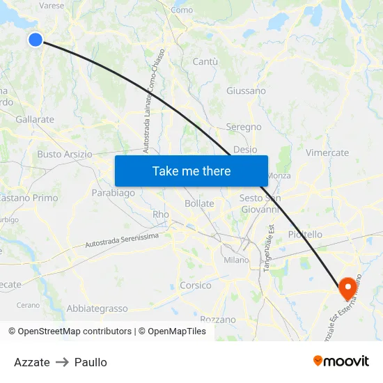 Azzate to Paullo map