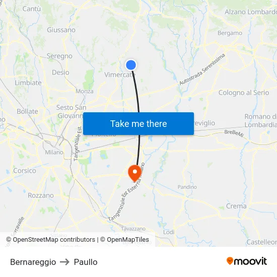 Bernareggio to Paullo map