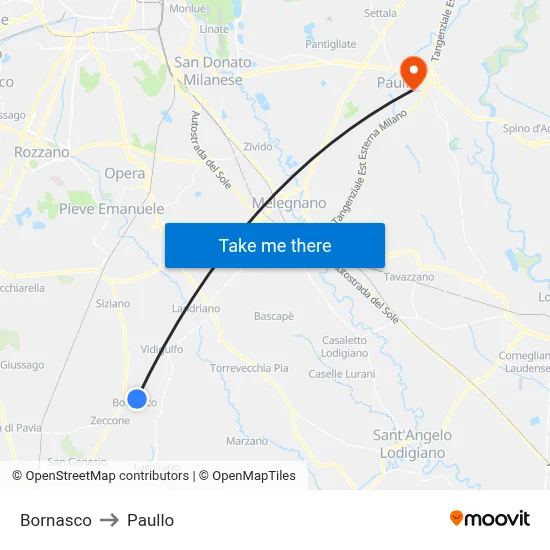 Bornasco to Paullo map