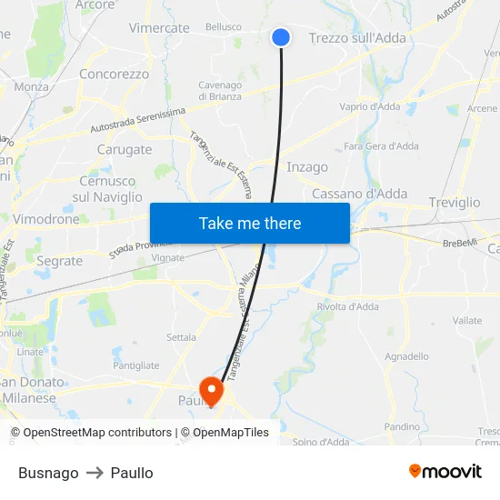 Busnago to Paullo map