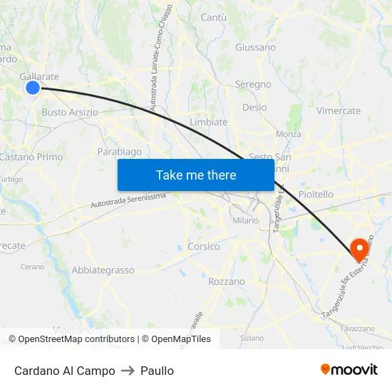 Cardano al Campo to Paullo map