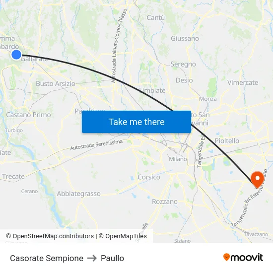 Casorate Sempione to Paullo map