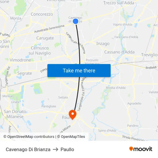 Cavenago di Brianza to Paullo map