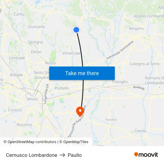 Cernusco Lombardone to Paullo map