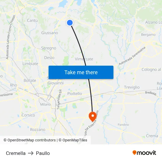 Cremella to Paullo map