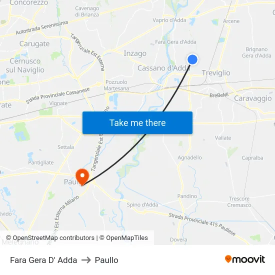 Fara Gera D' Adda to Paullo map