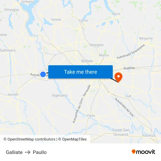 Galliate to Paullo map
