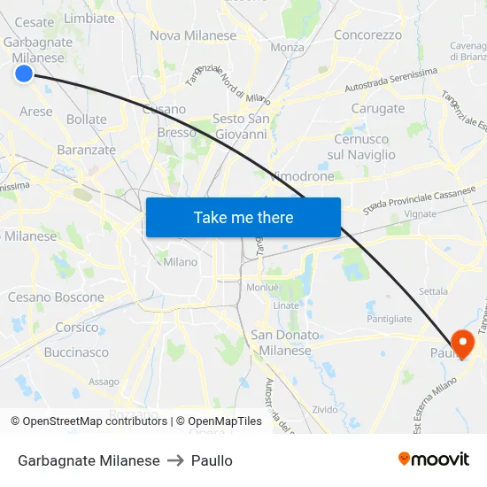 Garbagnate Milanese to Paullo map