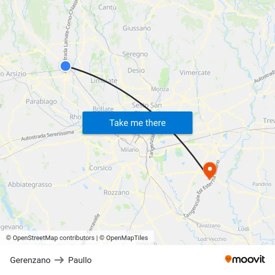 Gerenzano to Paullo map