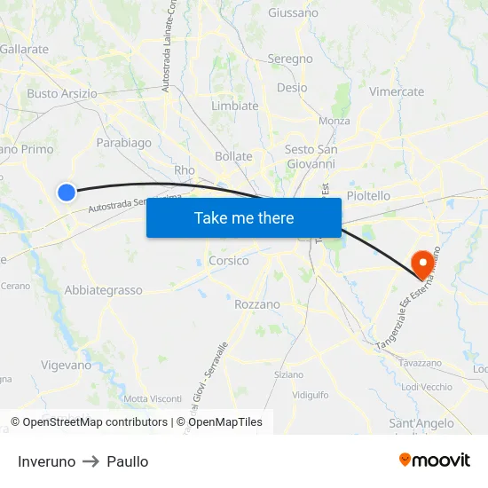 Inveruno to Paullo map