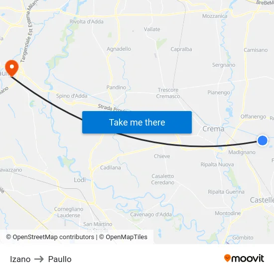 Izano to Paullo map