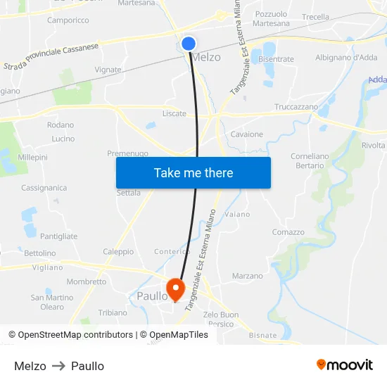 Melzo to Paullo map