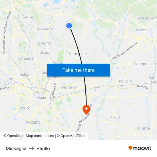 Missaglia to Paullo map