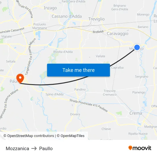 Mozzanica to Paullo map