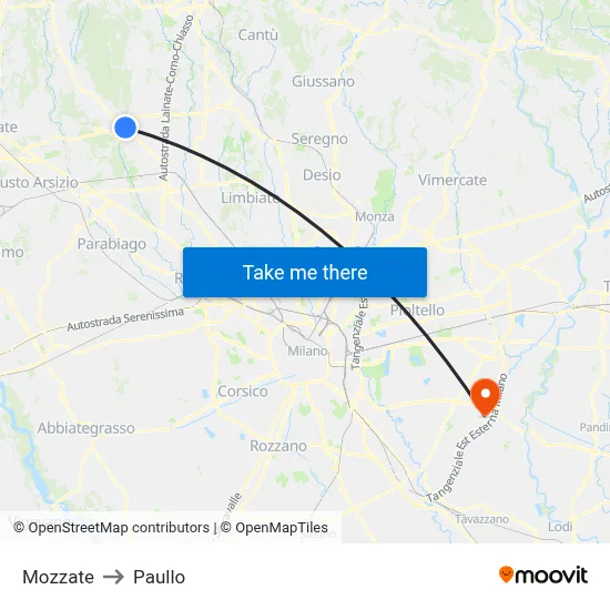 Mozzate to Paullo map