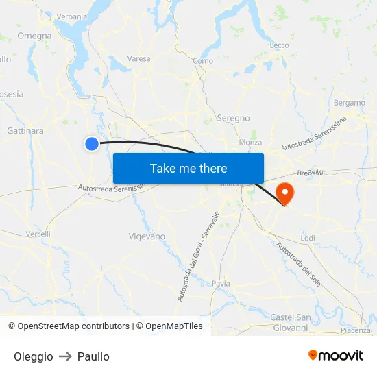 Oleggio to Paullo map