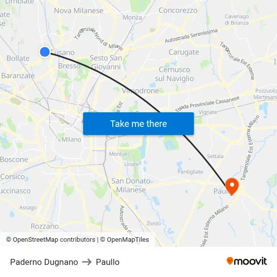 Paderno Dugnano to Paullo map