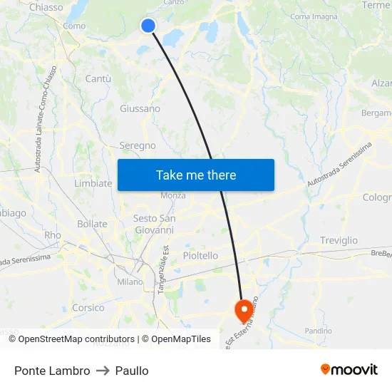 Ponte Lambro to Paullo map