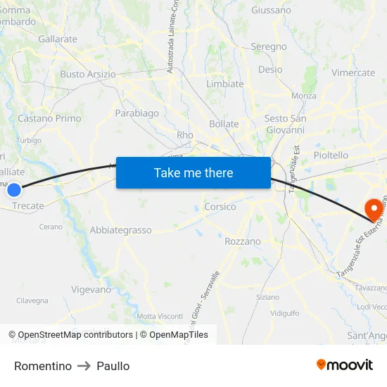 Romentino to Paullo map