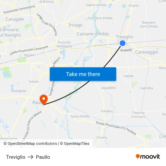 Treviglio to Paullo map