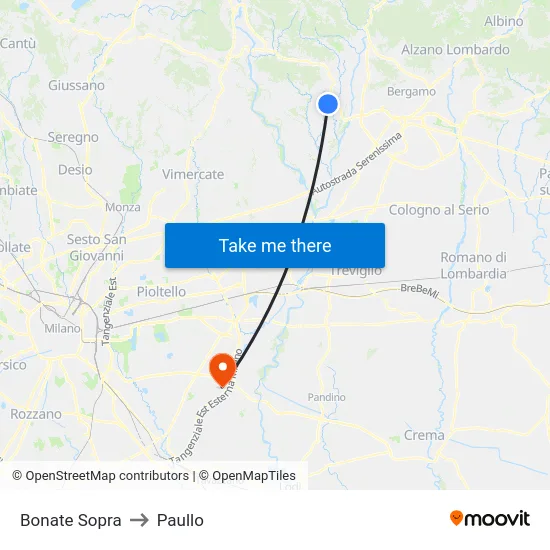 Bonate Sopra to Paullo map