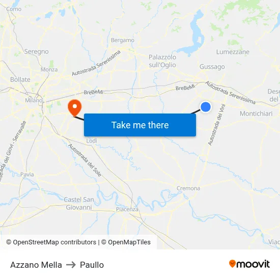 Azzano Mella to Paullo map
