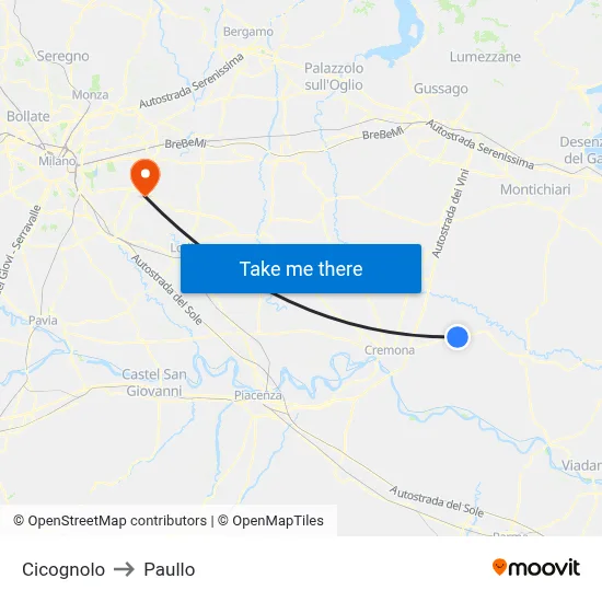 Cicognolo to Paullo map