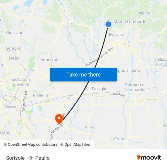 Sorisole to Paullo map