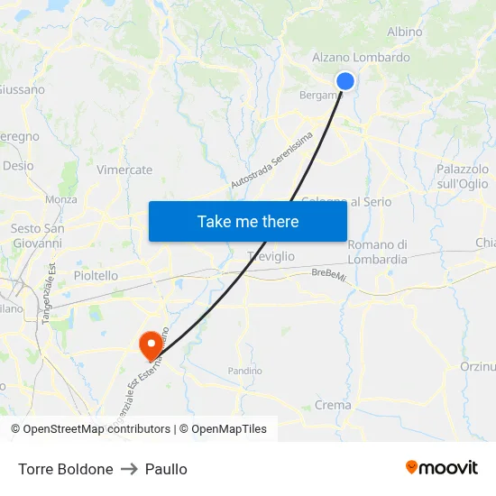 Torre Boldone to Paullo map