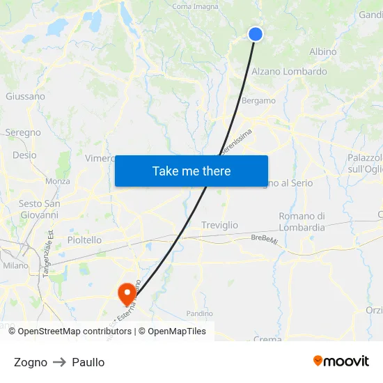 Zogno to Paullo map
