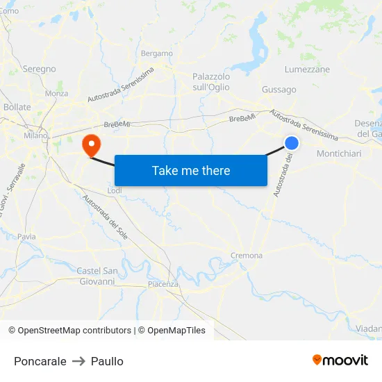 Poncarale to Paullo map