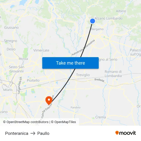 Ponteranica to Paullo map