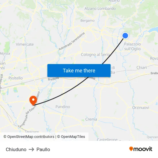 Chiuduno to Paullo map